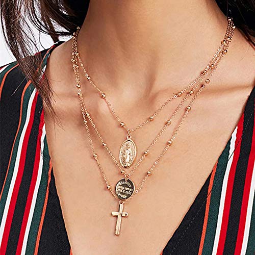 6PCS Layered Gold Necklaces for Women Trendy, 18K Gold Plated Cross Pendant Necklace Set, Vintage Chunky Gold Necklace Stack for Women Jewelry Gifts - style: Layered Faith Necklace