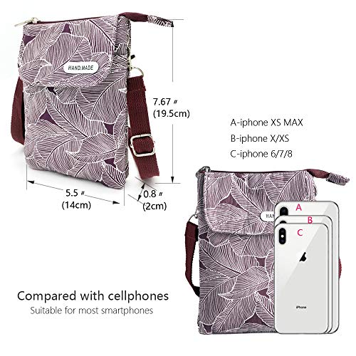Roomy Cell Phone Purse Wallet Canvas Small Crossbody Purse Bags with Shoulder Strap For Women teen girlsl | Roomy - color: A-wine Red/Purple Leaves