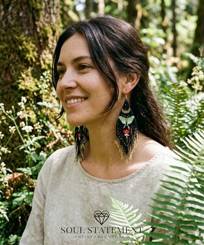 Long Beaded Earrings for Women, Statement Tassel Dangling Earrings, Native American Jewelry Boho Country Colorful Flower Moon Bead Gifts - style: Mystic Moth