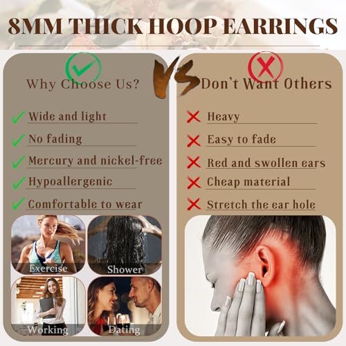 Senteria 12mm Wide Thick Hoop Earrings 925 Sterling Silver Hoop Earrings for Women Hypoallergenic 14K Real Gold Plated Hoops Large Earring Lightweight Chunky Hoops Earring for Women 25/30/40/50MM - color: silver 8-30mm