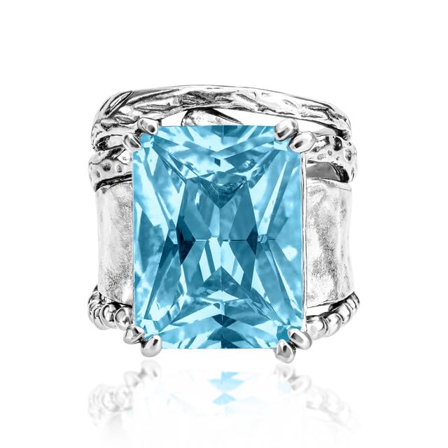 JEAN RACHEL JEWELRY 925 Sterling Silver Ring - Hammered Vintage Design with Octagon Shaped Cubic Zirconia - Hypoallergenic, Lead & Nickel Free - Artisan Handcrafted Statement Rings for Women - color: Aquamarine CZ