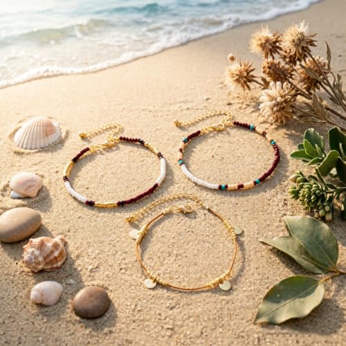 Beach shell sea star sea bead anklet set for Women, adjustable gold-plated Bohemian shell bracelet for ankle Fashion Layered anklet - color: Disc Bead 3Pcs
