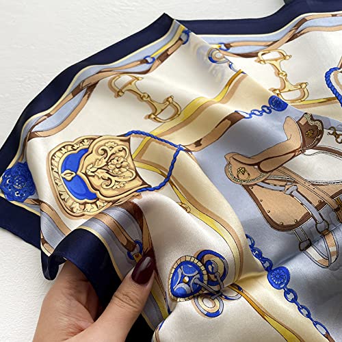 FEIBOON Mulberry Silk Scarfs Neck Scarf 21" Small Square Scarfs hair scarf bandana Neckerchief Headscarf for Women - color: Blue White Yellow Classic