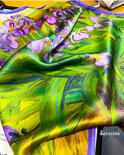Saiusloa Neck Scarf For Womens Silky Head Scarves Hair Bandanas Square Scarf Fashion Accessories lightweight - color: 12-purple Green Oil Painting