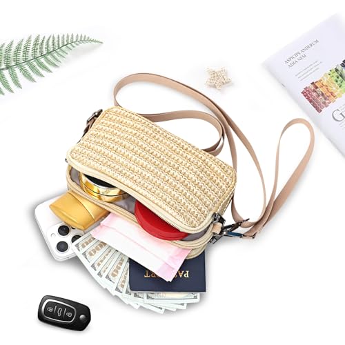 Small Wristlet Wallet for Women, 3-Zip Crossbody Phone Purse - color: Natural/Pp Straw