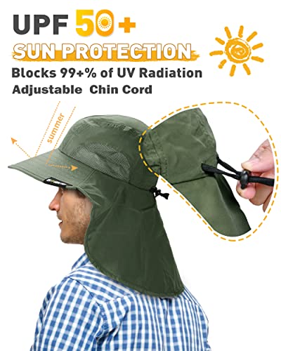 Tirrinia Wide Brim Sun Hat with Neck Flap for Men & Women, Breathable Hiking Fishing Safari Hat, Outdoor UV Protection Cap - color: Forest Green