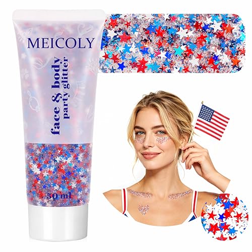 MEICOLY 250th Red White and Blue Patriotic Face Glitter,USA Flag Star Body Glitter Gel,Hair Glitter for 4th of July Outfits for Women, Fourth of July Accessories for Independence Day - color: USA Red White Blue