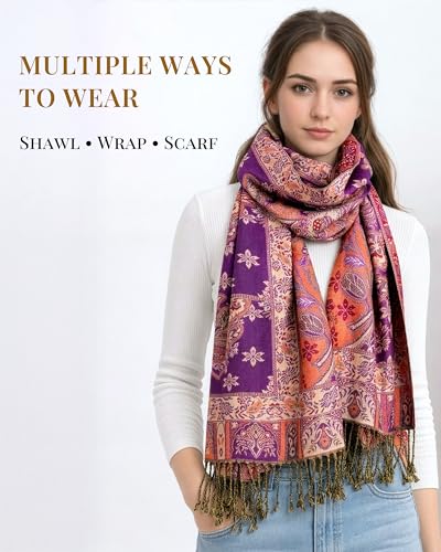 Achillea Elegant Paisley Floral Pashmina Shawl and Wrap – Boho Rave Scarf for Festival, Travel & Everyday Wear - color: Purple Red