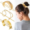 3 Pieces Gold Hair Accessory Set: Feather X-Shaped Bun Clip, Stick and Round Top