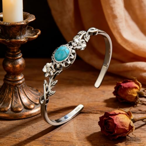 Genuine Turquoise Bracelet Cuff Bracelet for Women Mom 925 Sterling Silver Natural Turquoise Bangles Vintage Bracelet Boho Jewelry for Birthday Christmas Mother's Day Valentine's Day - style: Flower