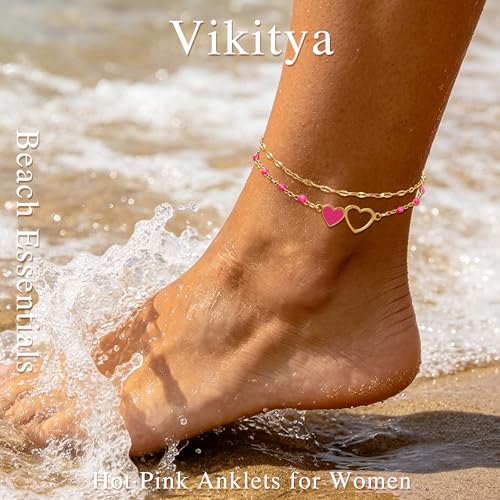 Summer Beach Jewelry Gift-Layered Gold Ankle Bracelets for Women - Waterproof 18k Gold Plated Hot Pink Heart Anklets Non Tarnish Come with Box - color: Double Heart