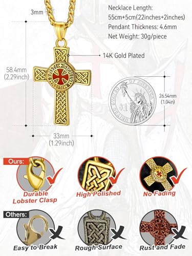 FaithHeart Knights Templar Necklace for Men, Christian Necklace for Men Stainless Steel Pendant Neckalces Christian Gifts with Gift Box - color: 02. Cross-Gold