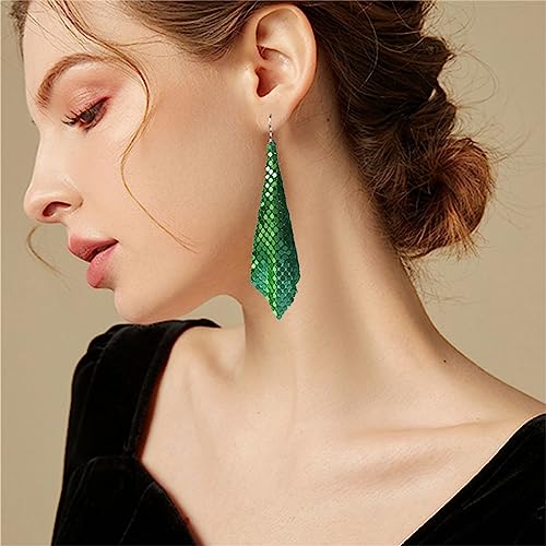coadipress Metal Mesh Grid Sequins Tassel Long Drop Dangle Earrings for Women Trendy Lightweight Charms Disco Vintage Colorful Long Hook Earrings Bridal Wedding Jewelry - color: Green