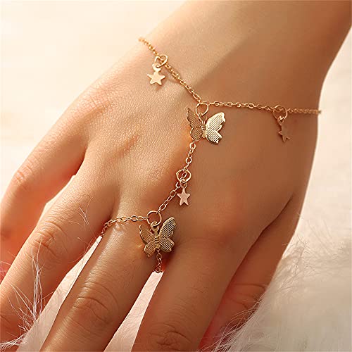 Butterfly Finger Ring Bracelet for Women Dainty Star Slave Hand Chain Harness Bangle Boho Gypsy Bollywood Beach Wedding Retro Party Y2K Jewelry 2 Pieces