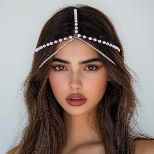 Boho Pearl Head Chain Jewelry Crystal Headpieces Wedding Rhinestone Headband Hair Accessories for Women (Silver) - color: Silver