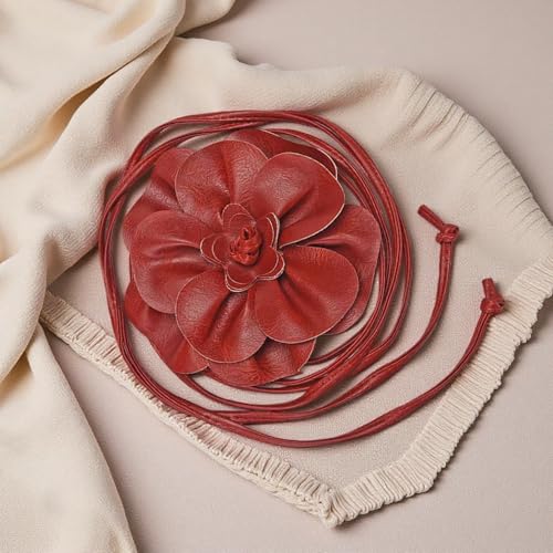 Boho Big Flower PU Leather Waist Belt Chain for Women Rose Floral Camellia Long Tassel Adjustable Waist Band Jewelry - color: Dark Red