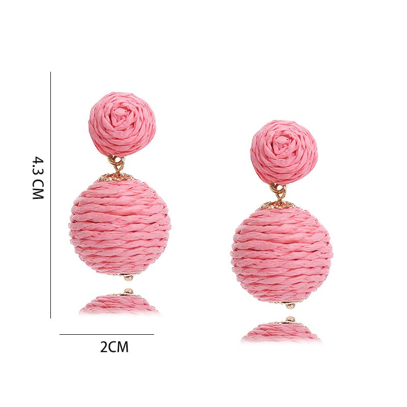 Lightweight Boho Thread Raffia Earrings for Women Handmade Braided Straw Wicker Lantern Ball Earrings Summer Beach Bohemian Geometric Earrings Holiday - color: double pink