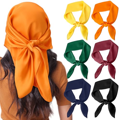 JATEBI 27''/35'' Women Large Satin Scarf Silk Feel Square Wraps Big Hair Bandanas Vintage Print Solid Color Bandana Scarves - color: Black, Red, Yellow, Green, Blue, Orange Solid, size: 27'' Medium
