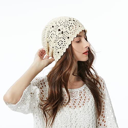 ZLYC Women Cotton Crochet Slouchy Beanie Hat Handmade Knit Summer Skull Cap - color: Colour: Beige