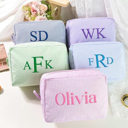 Personalized Makeup Bag Pouch with Embroidered Name for Women Girls Bride | Cute Small Seersucker Custom Monogrammed Initial Cosmetic Toiletry Bag with Zip for Travel Bridesmaid