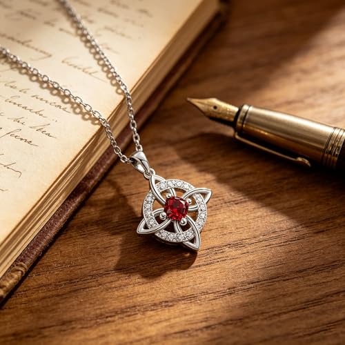 Mystical Birthstone Witches Knot Necklace – Natural Crystal Celtic Pendant, Wiccan Pagan Jewelry Gift for Women - color: January