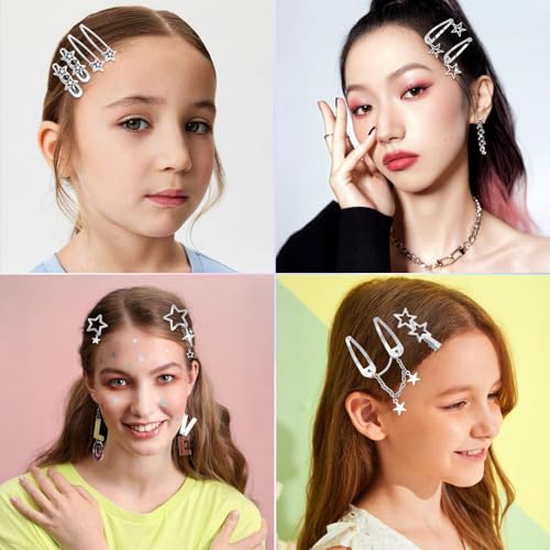 Canitor Y2k Star Hair Clips Cute Kawaii Metal Punk Snap Clips Barrettes for Women Teen Girl Silver Goth Emo 2000s Grunge Rave Kpop Fashion Hair Accessories for Concert Outfit (silver 12pcs) - color: silver 12pcs