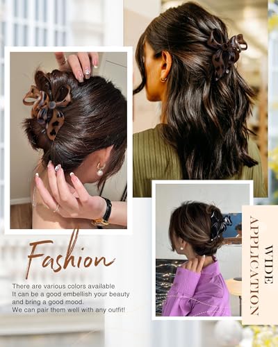 4 PCS Bow Hair Clips Bow Claw Clip for Women, Large Hair Claw Clips for Thin Thick Long Hair Cute Nonslip Bows (Black+Leopard Dark Brown+Leopard Light Brown+Gray) - color: Black+Leopard Dark Brown+Leopard Light Brown+Gray
