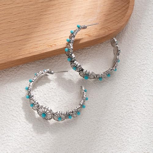 Boho Round Turquoise Hoop Earrings Daisy Flower Turquoise Dangle Earrings for Women Men Vintage Ethnic Accessories Tribal Jewelry - color: Green D