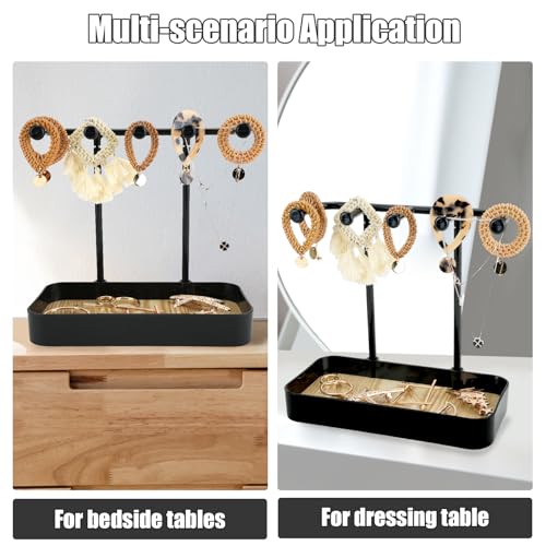 Jewelry Organizer Stand, Necklace Holder with Wooden Tray 5 Storage Hooks, Earring Holder with 5 Pcs Jewelry Bags for Bracelet,Chains,Rings,Earrings,Keys Watches,Necklaces (Black) - color: BLACK