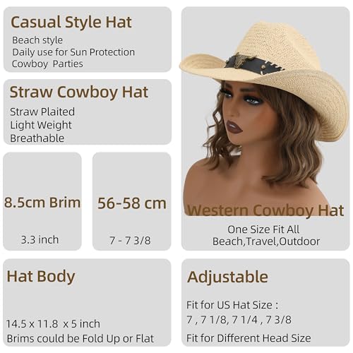 Straw Cowboy Hat, Western Cowgirl Hat, Wide Brim Sun Beach Hat for Men and Women - color: Beige-m21