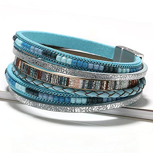 Fesciory Leather Wrap Bracelets for Women, Boho Leopard Multi-Layer Crystal Beads Cuff Bracelet Jewelry - color: Boho Braid(Blue)