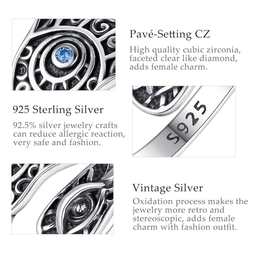 Vito 925 Sterling Silver Adjustable Open Spoon Ring for Women Men, Lotus Sunflower Snake Spoon Band Rings Feather Hug Witches Knot Inspirational Jewelry Gift for Wife - style: Evil Eye