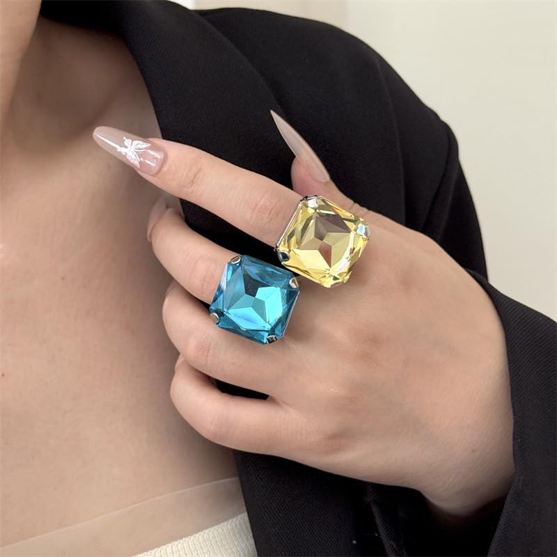 Square Large Rhinestone Exaggerated Statement Ring for Women Sparkling Thick Chunky Geometric Big Crystal Stone Finger Knuckle Band Rings Open Adjustable Wedding Brides Cocktail Prom Party Jewelry - color: Blue