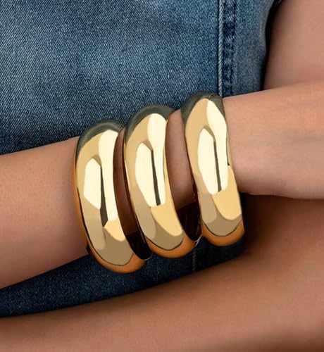 Chunky Gold Bangle Bracelets for Women, Dainty 14k Gold Plated Big Stackable Bangles Set, Trendy Cuff Bracelet Stack Fashion Jewelry Gifts - style: A2-gold