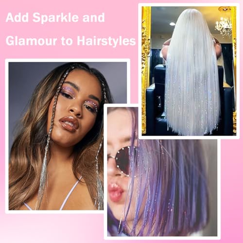 NIACONN Glitter Hair Tinsel Extensions Kit Silver with Tools and Beads, 48 Inch Sparkly Fairy Colorful Tensile Strands Shiny Hair Accessories for Women Girls Kids - color: Silver