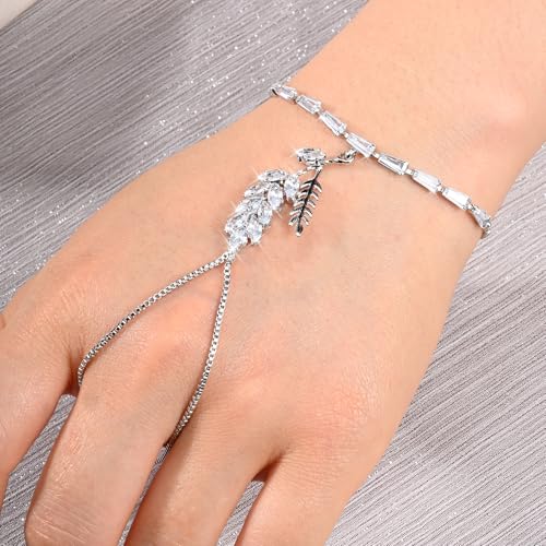 Adjustable Hand Chain Bracelet Women, 16K Gold Plated Finger Bracelet, Secure Ball Clasp Elegant Slave Hand Jewelry, Y2K Aesthetic Accessories for Summer Festival Prom Beach Vacation Daily Wear - color: style3-16K silver-plated