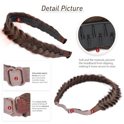 2PCs Braided Headband with teeth Handmade Messy Wide Synthetic Hair Elastic Stretch Fluffy Hairpiece for Brides (Chestnut) - color: Chestnut