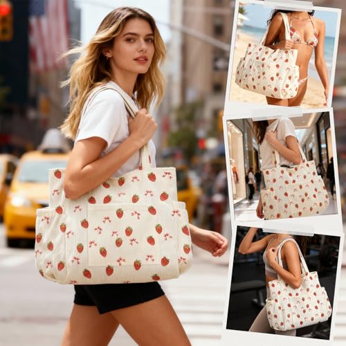 Corduroy Tote Bag for Women,Large Capacity Cute Tote Bags With 6 Pockets,Crossbody Shoulder Handbag for Work Travel Gym - color: Strawberry-a