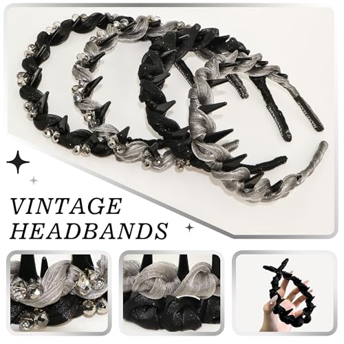 4 Pcs Braided Headbands with Teeth for Women, Handmade Crystal Flower Comb Hairbands, Sparkly Twisted Non-Slip Hard Head Bands, Elegant Silver Black Hair Accessories - color: Silver Black