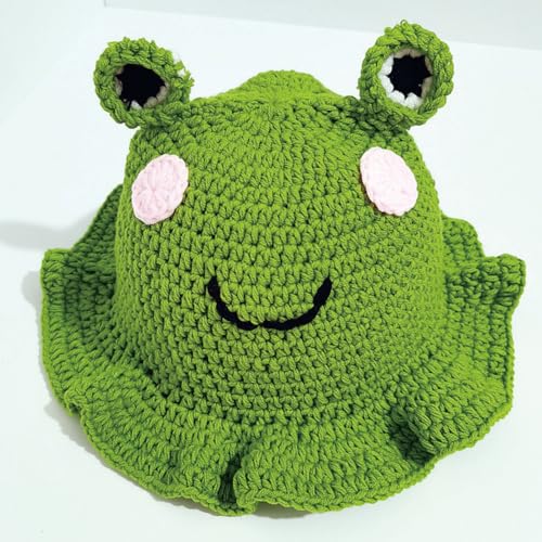 KORADI Womens Crochet Bucket Hat Ruffled Brim Knitted Hats Winter Boho Handmade Caps - color: Green-frog