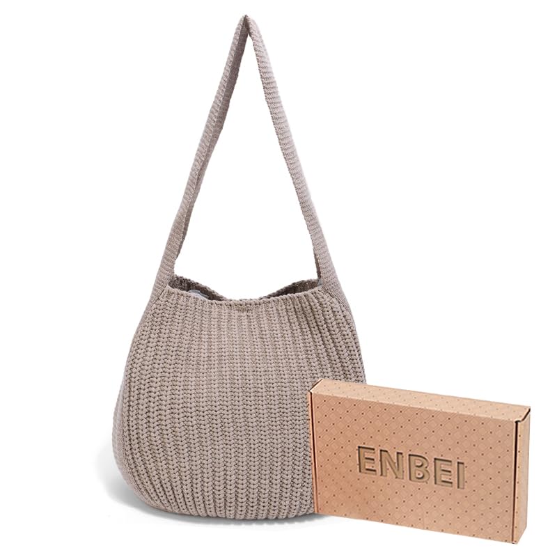 ENBEI Women's Crochet Tote Bag Knit Shoulder bag,Aesthetic Bag,Cute Eco-Friendly Tote for Travel,Daily Use,Gift Box Packaging - color: Khaki
