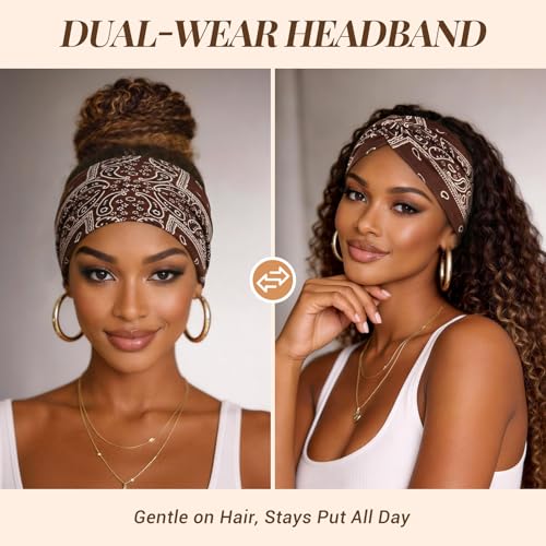 Awumbuk Wide Headbands for Women, 7.08 Inch Thick Boho Turban Style Hair Wraps, Non-Slip Moisture-Wicking Workout Headband for Sports, Yoga, Daily Fashion, 8 Pack Multi Colors (Orange Boho Paisleys) - color: Orange Boho Paisleys