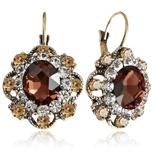 Handmade Bohemian Vintage Gold Sparkly Crystal Round Flower Leverback Earrings Cute Rhinestone Geometry Dangle Drop Earring for Women - color: Dark Brown