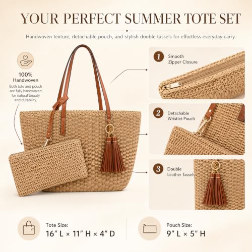 YXILEE Straw Bags For Women | M Size Travel Straw Totes Bag Woven Summer Handmade Shoulder Bag Handbag - color: Brown