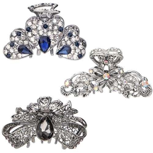 kilofly 3pc Vintage Crystal Hair Claw Clips Long Thick Hair Metal Clamps - color: 3 Medium