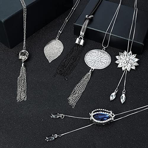 Jstyle 6Pcs Long Pendant Necklaces for Women Long Sweater Necklaces Silver Flower Tassel Disk Circle Leaf Statement Sweater Chain Necklace for Women Y Necklace Set Fashion Jewelry - style: Fashion Style