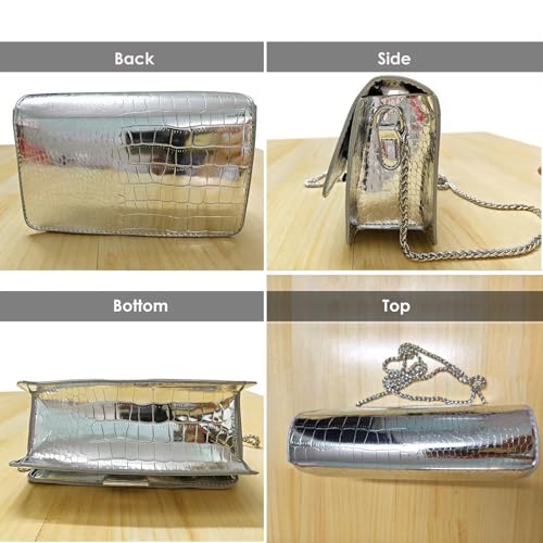 Small Crossbody Purse Bag for Women，Y2K Cute Metallic Croc-Embossed Handbag with Chain Strap - color: Medium Silver（fit Your Phone）