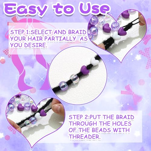 60PCS Purple White Heart Hair Beads for Braids AB Color Round Bead Loc Dreadlock Accessories Lovely Kids Girls Pony Beads - color: Purple&White