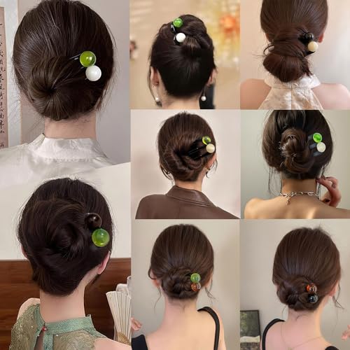 6 Pcs U Shaped French Hair Pin, Elegant Brown Green White Black Pearl 3-Fork Clips for Buns Hairstyle Holder Updo, Hair Forks for Women for Daily Use Accessory Thin and Thick Head decorative