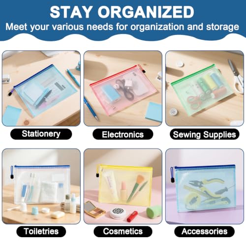 Mesh Zipper Pouch Bags - 5 Pack Waterproof Zipper Bags 6.8x9.4 Inch A5 Clear Mesh Storage Pouches Assorted Colors for Home, Office, Travel, Puzzles, Cosmetic, Accessories - size: 6.8 x 9.4 Inch